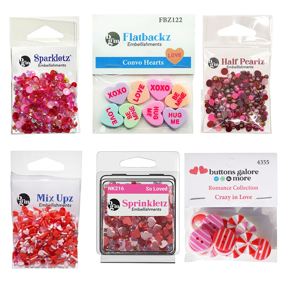 Buttons Galore Valentine’s Day Craft Supply Bundle – 6-Pack of Buttons, Half Pearls, Rhinestones, Hearts & Sprinkles for DIY Crafts, Scrapbooking, Shaker Projects & Sewing