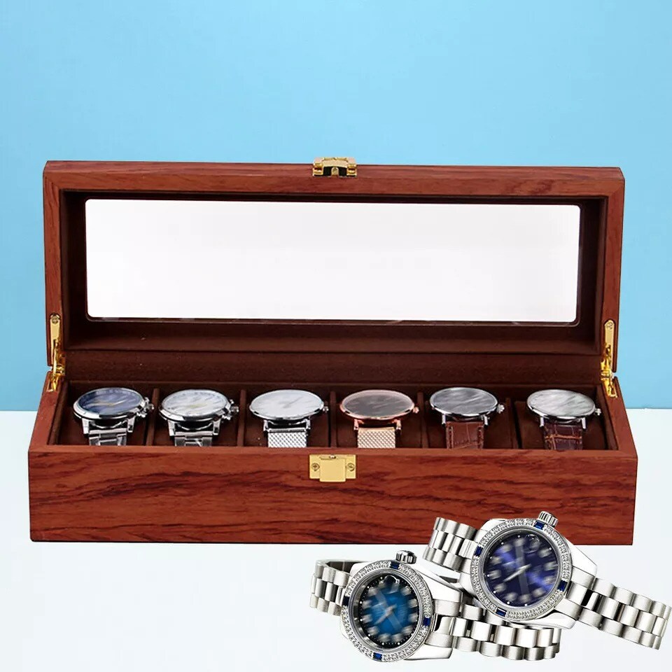 6 Slots Wooden Wrist Watch Display Case Glass Top Jewelry Storage Organizer Box