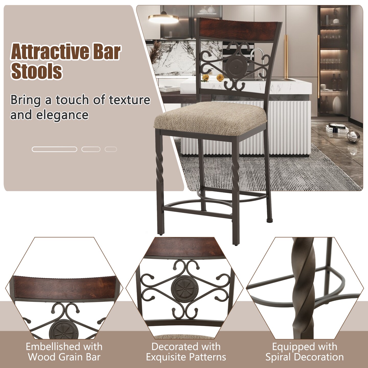 25&#x22; Set of 2 Bar Stools with Rust-proof Metal Frame and Soft Sponge Seat