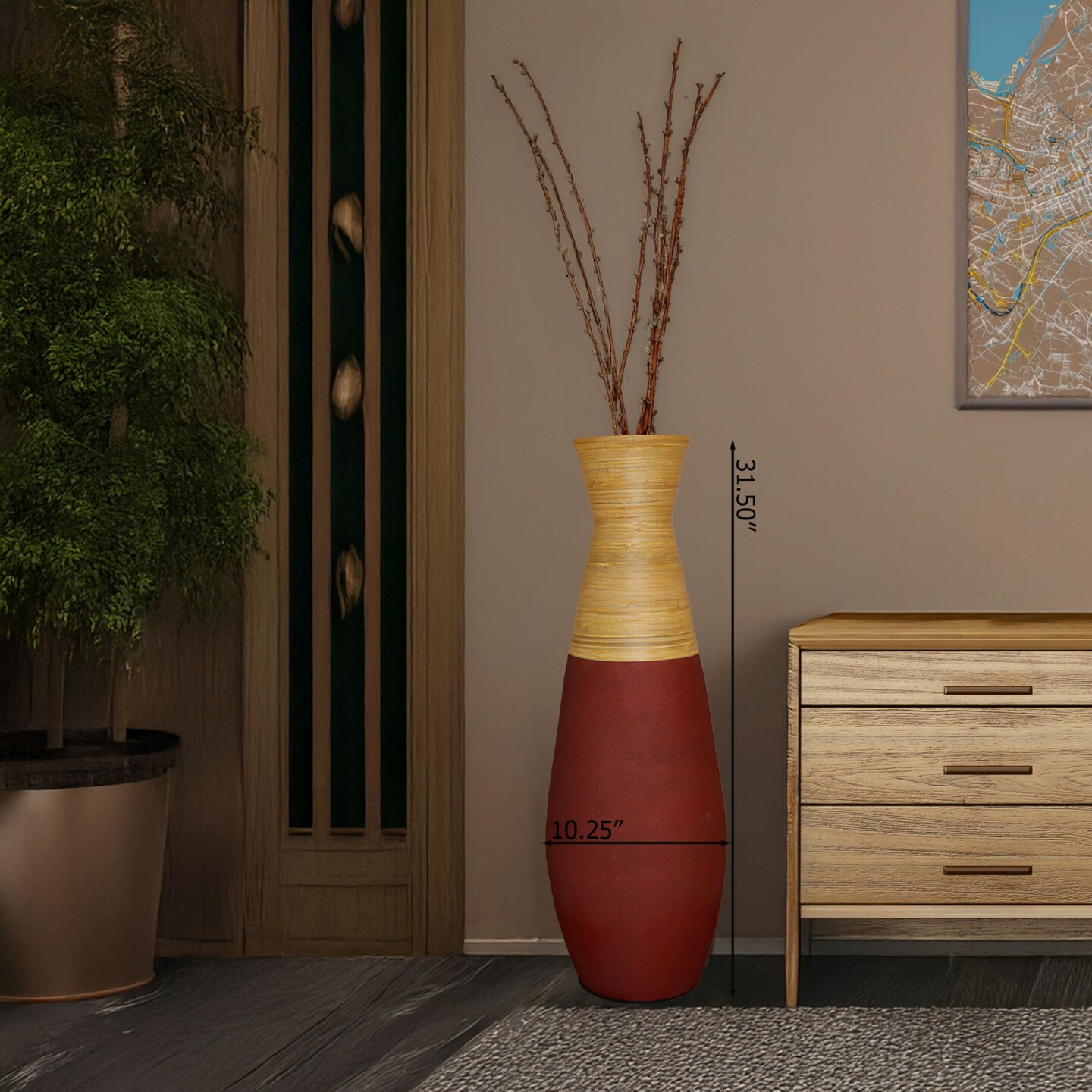 31.5 inch Tall Handcrafted Bamboo Floor Vase, Burgundy and Natural Finish, Decorative Accent, Large Floor Vase, Sustainable Bamboo, Living Room, Dining Room, Entryway Decor, Unique Home Accent