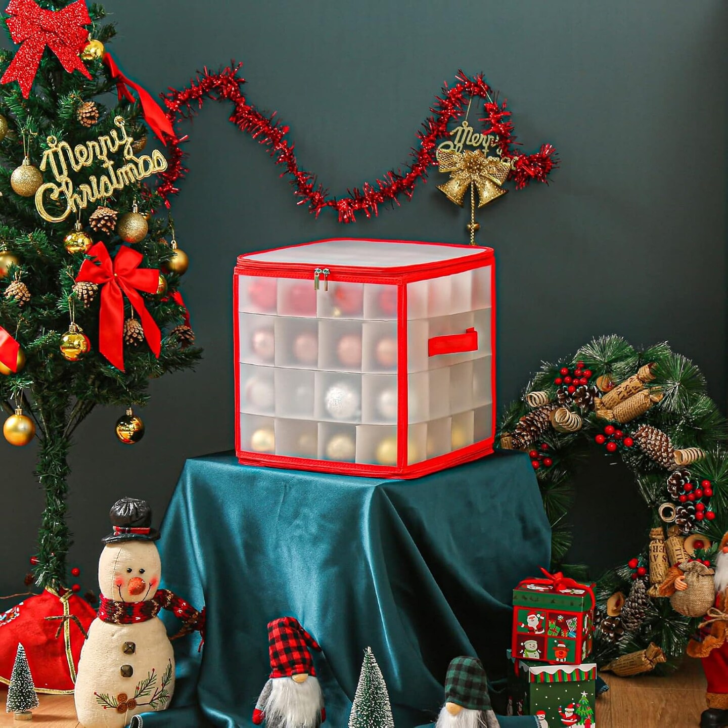 Plastic Christmas Ornament Storage Box with Zippered Closure [1Pack], Hold 64 Christmas Balls Holiday Ornaments Holiday Ornament Storage Cube Organizer Christmas Chest with Dividers, Xmas Holiday
