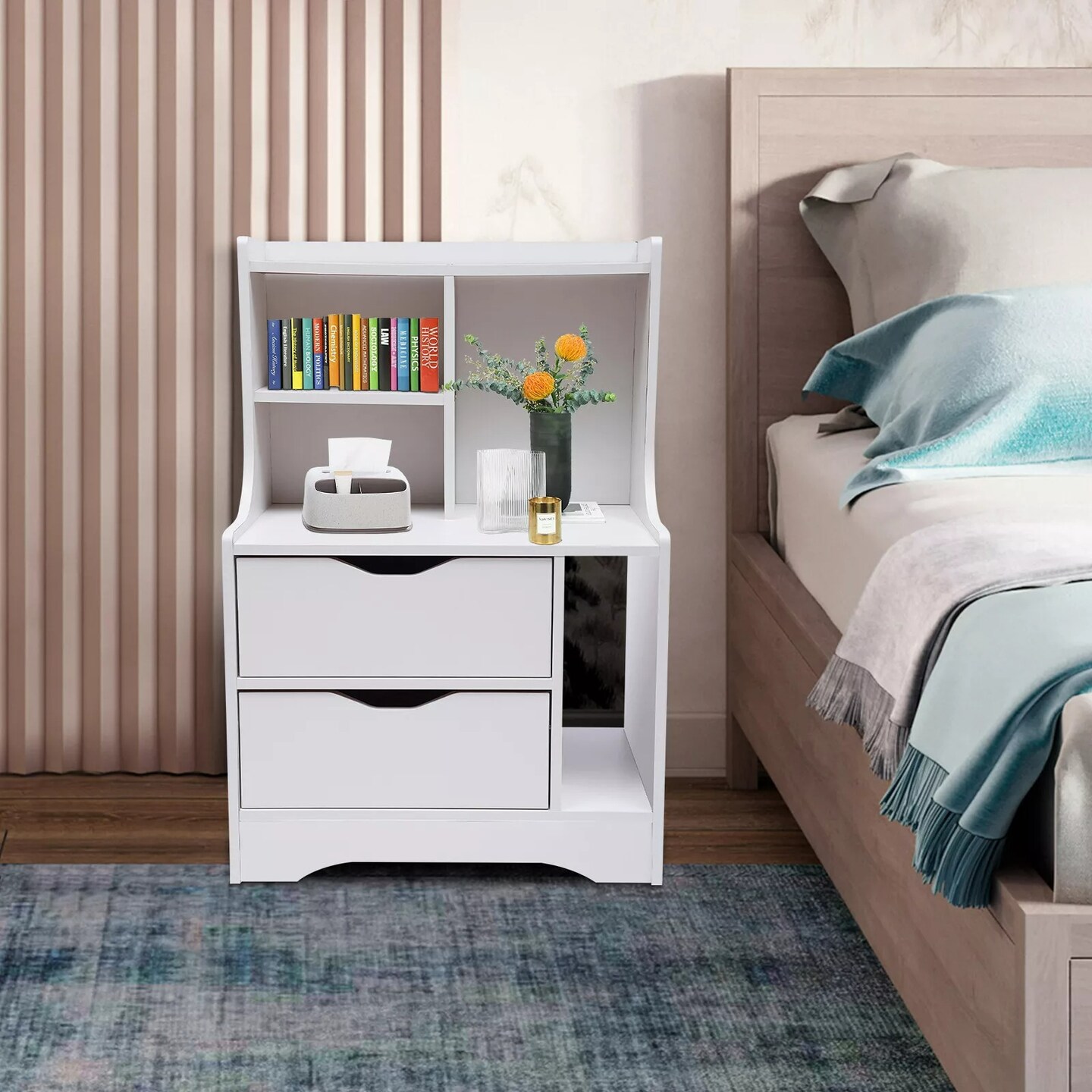 Modern End Side Table Bedroom Bedside Nightstand Cabinet With 2 Storage Drawers