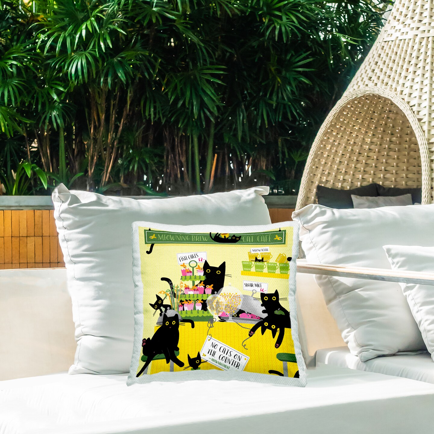 Silly Cat Caf&#xE9; Bakery Outdoor Printed Pillow Design by Leeza Hernandez, 18 x 7 x 18