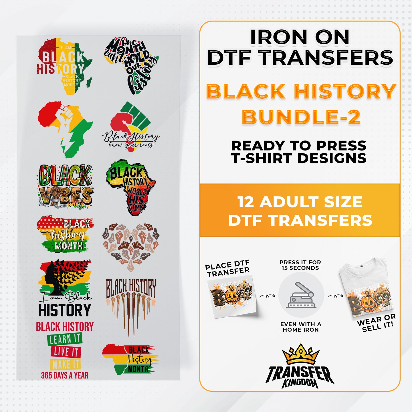 Black History Iron on DTF Transfer Bundle 2 - 12 Best Seller Ready To Press T-shirt Designs