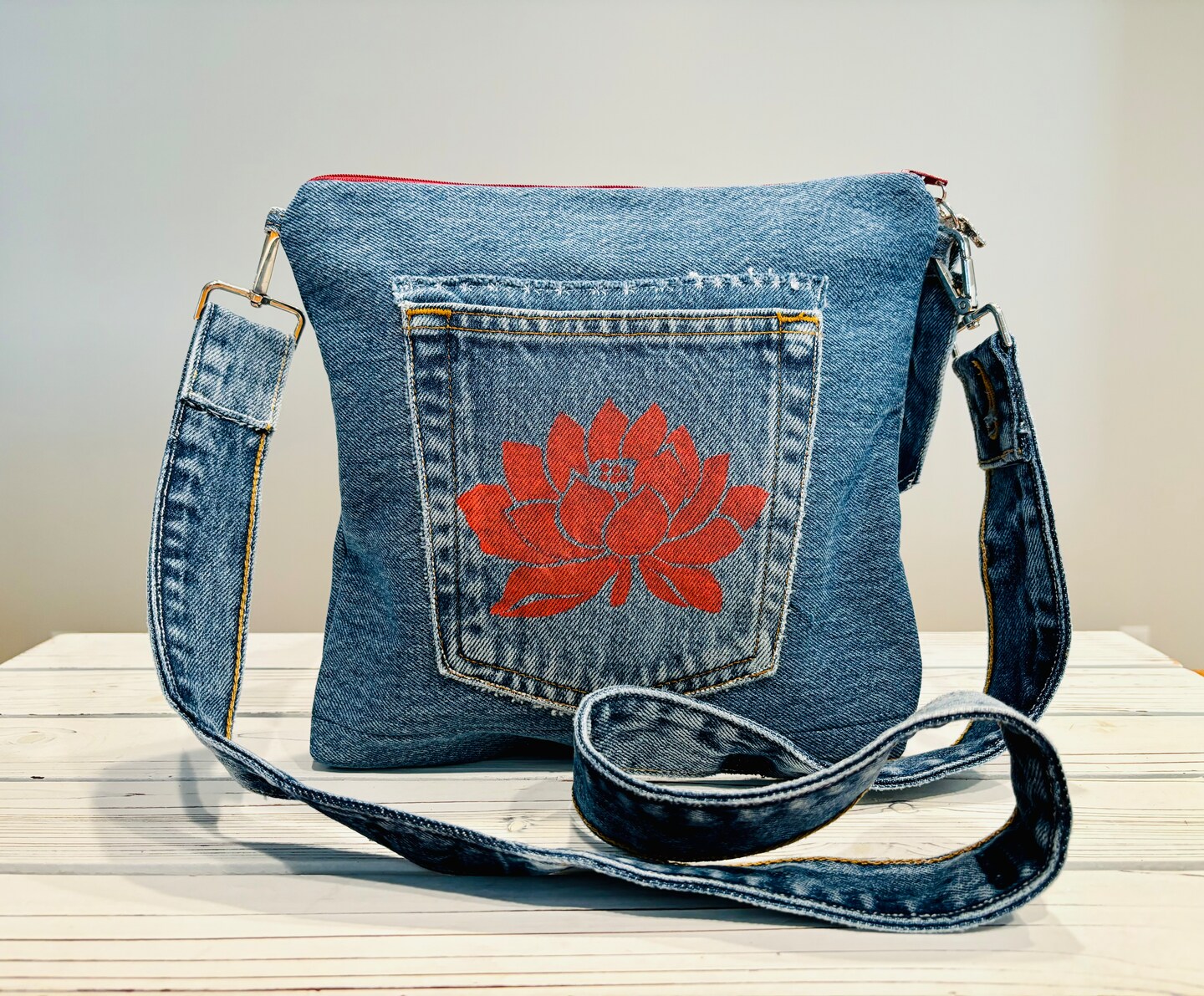 Red Mandala Heart Denim Crossbody Bag. Recycled Denim. Buddhist