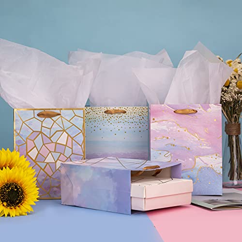 Medium Size Gift Bags-Colorful Marble Pattern Gift Bag with Tissue Paper for Shopping, Parties, Wedding, Baby Shower, Craft-4 Pack-7" X 4" X 9"
