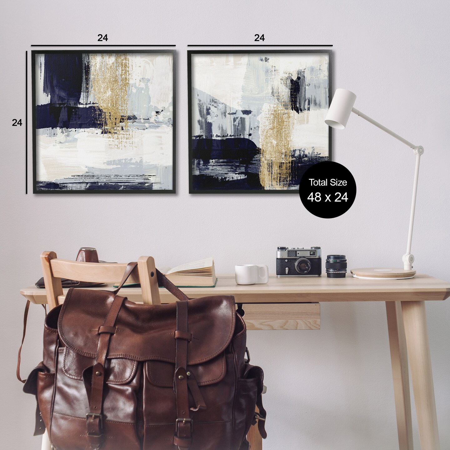 Stupell Industries Patchy Navy Gold Abstract 2 pc Framed Giclee Wall Art Set Design by Susan Jill
