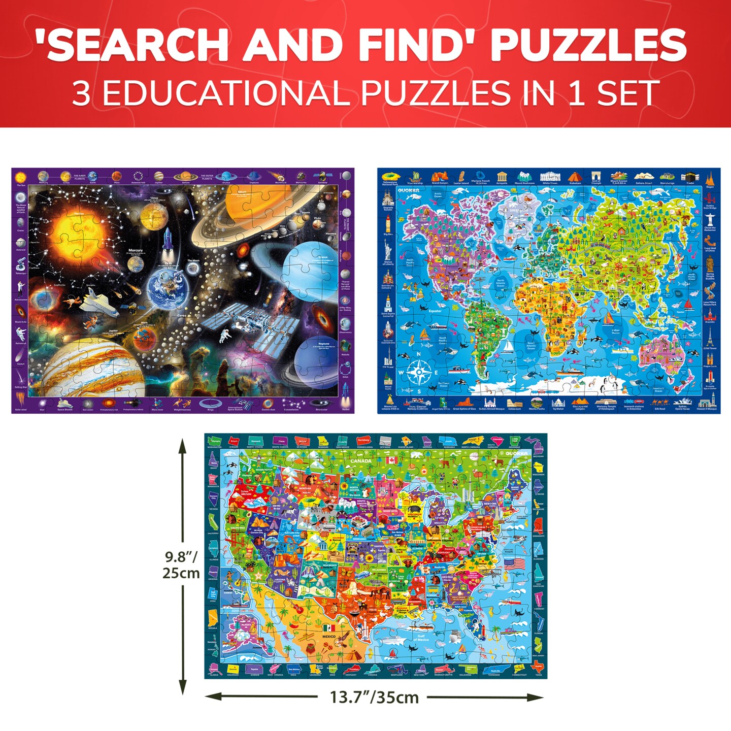 QUOKKA 100 Piece Search & Find Puzzles - Learning Map of The United States World Space Puzzle - Educational Games for Kids 6-8