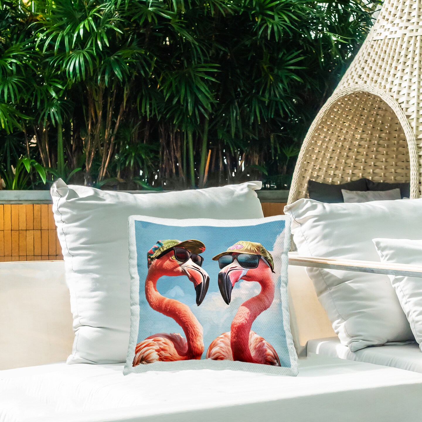Flamingos with Tropical Hats Outdoor Printed Pillow Design by Jim Baldwin, 18 x 7 x 18