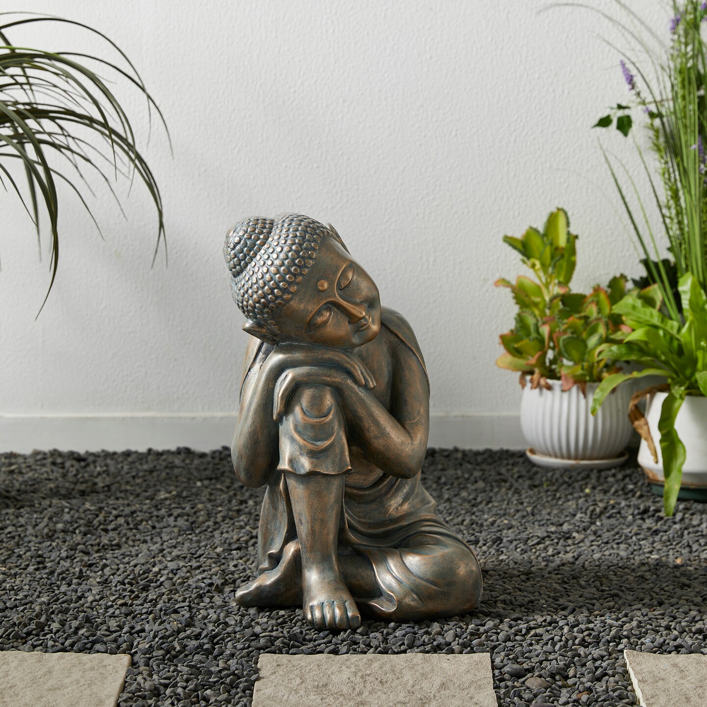 18&#x22;H MGO Faux Bronze Resting Buddha Garden statue
