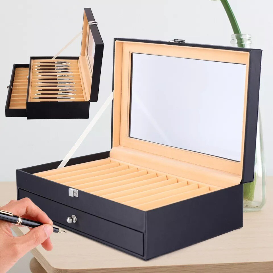 24 Fountain Pen Leather Display Box Holder Organizer Storage Collector Case