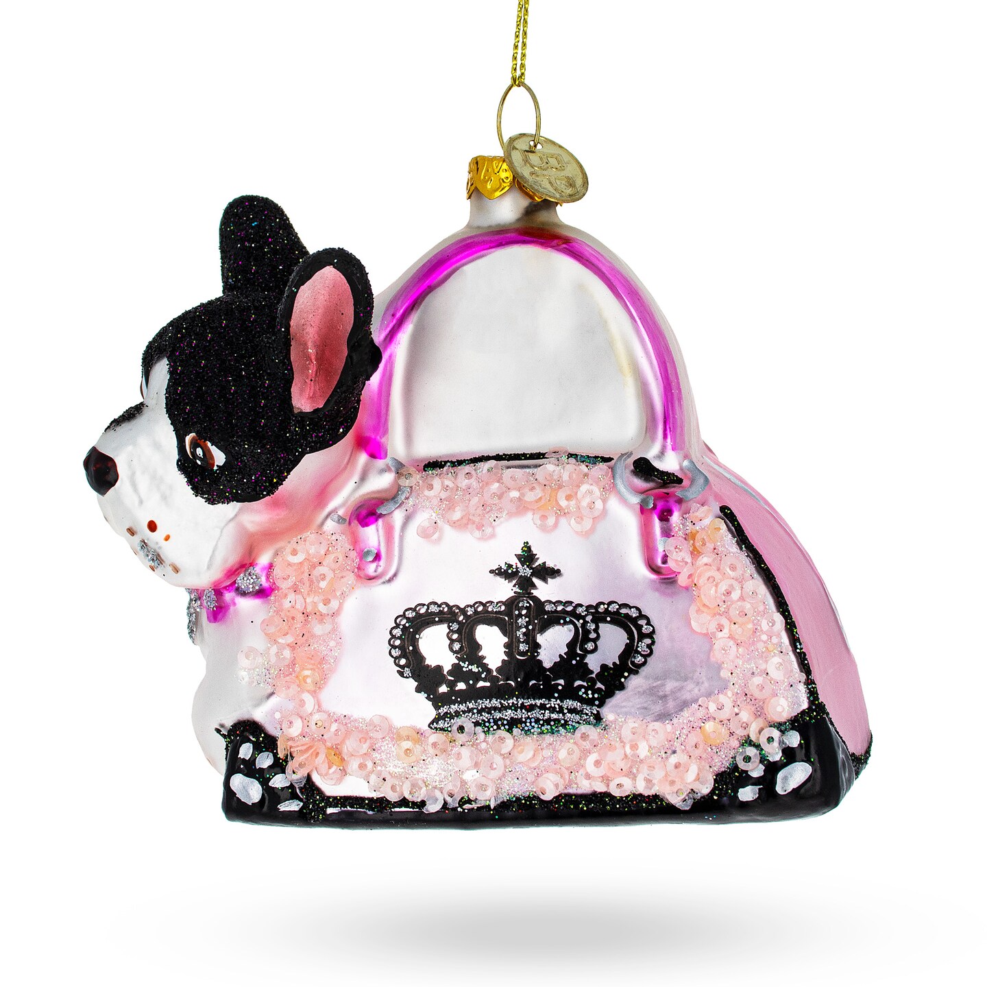 Boston Terrier in Pink Handbag Glass Christmas Ornament