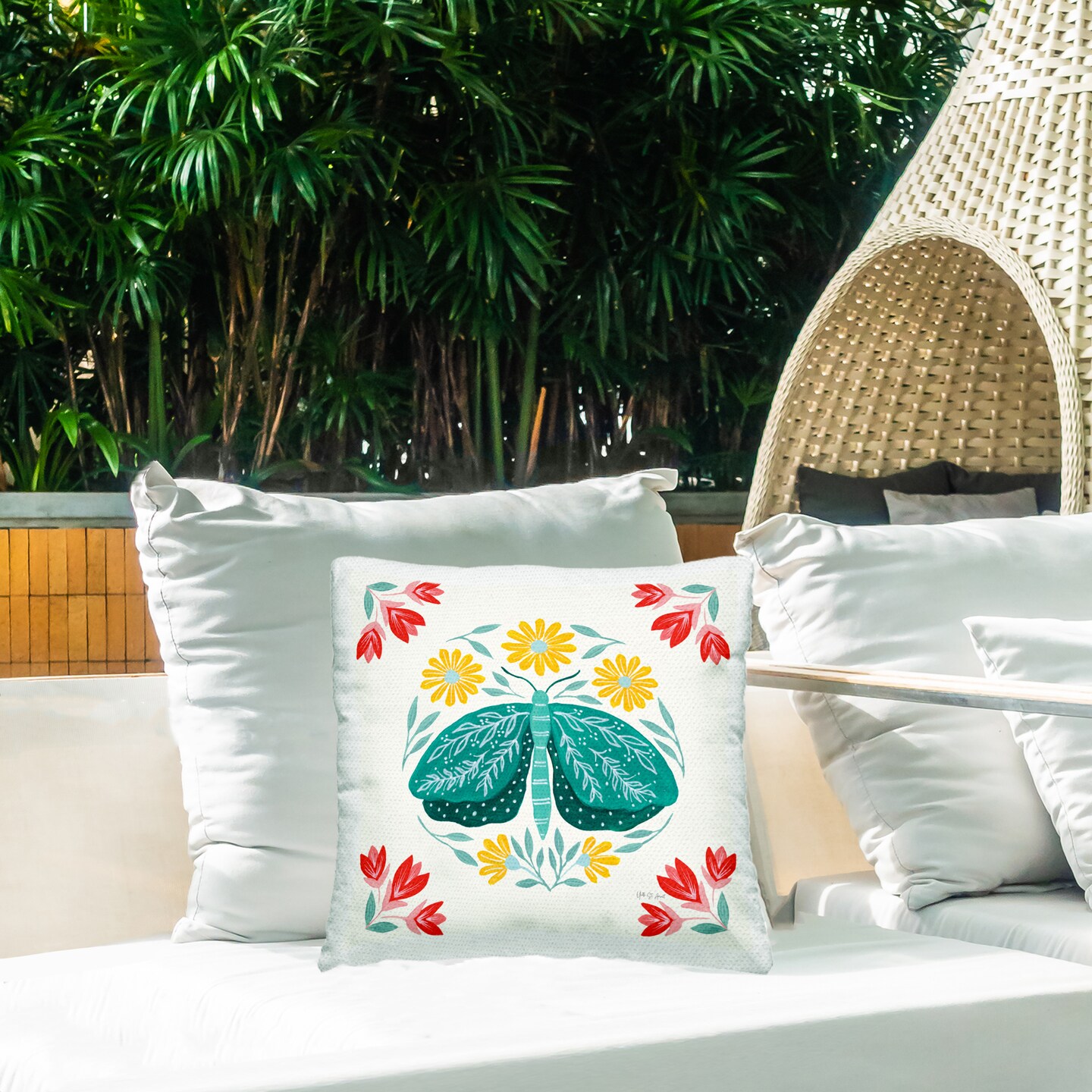 Green Folk Butterfly Outdoor Printed Pillow Design by Yvette St. Amant, 18 x 7 x 18