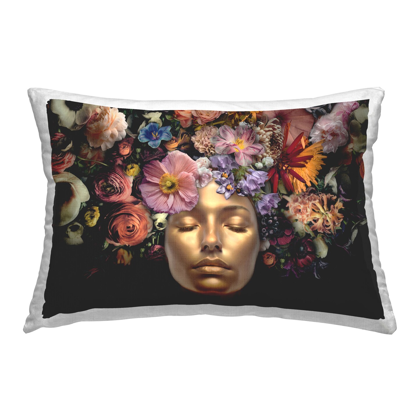 Gold Face with Flowers Decorative Printed Throw Pillow Design by Reinders, 14 x 7 x 20