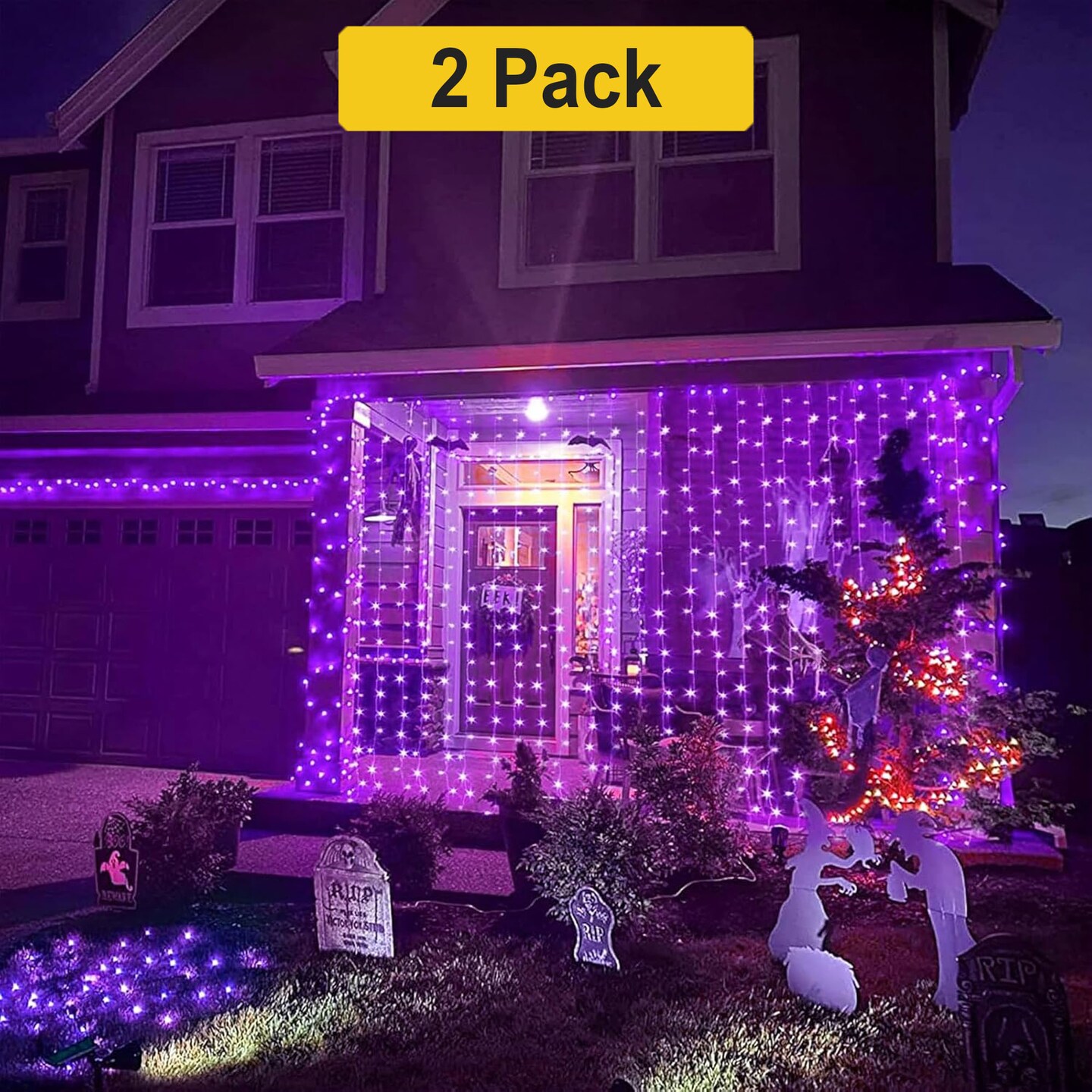 Plug-In 300 LED Curtain Lights — 12 Strands with 8 Light Effects, 9x9 ft