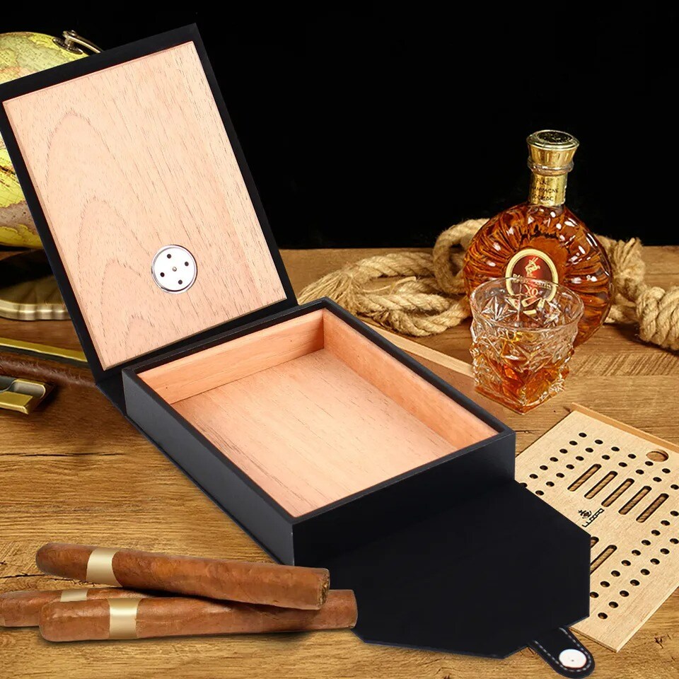 Portable Cigar Case Cedar Wood Leather Travel Humidor Storage Box 10-15 Cigars