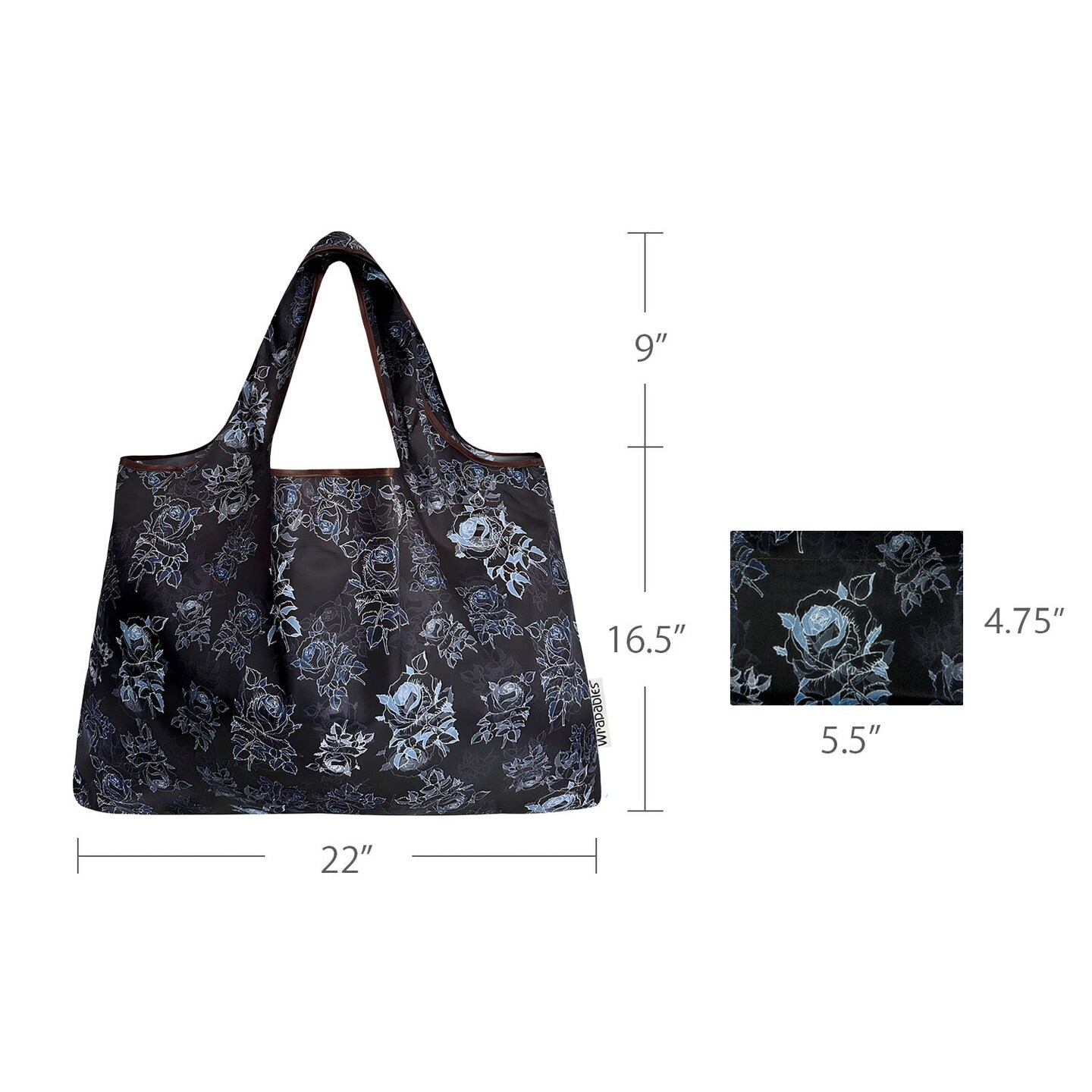 Wrapables Large Foldable Tote Nylon Reusable Grocery Bags, Black Rose Shadow