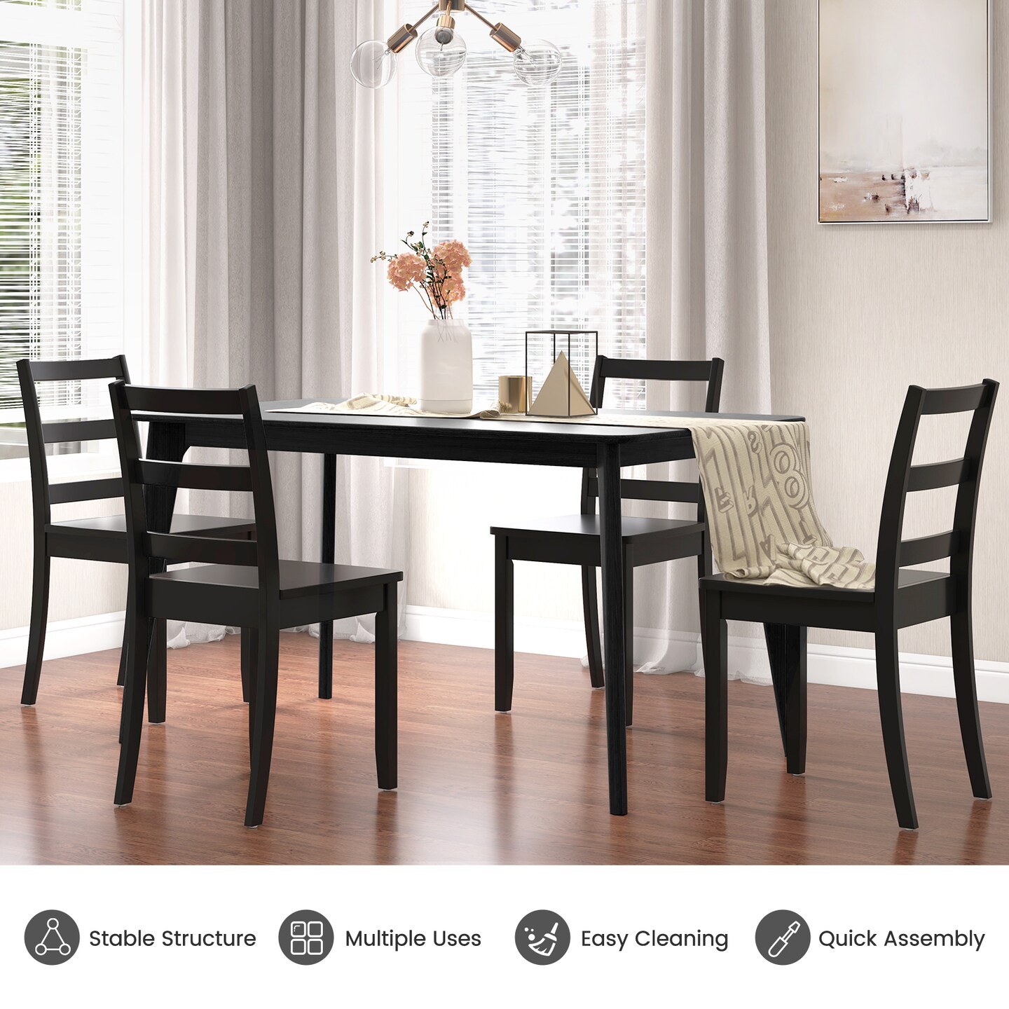 Set of 2 Wood Dining Chairs with Solid Rubber Wood Legs and Curved Backrest
