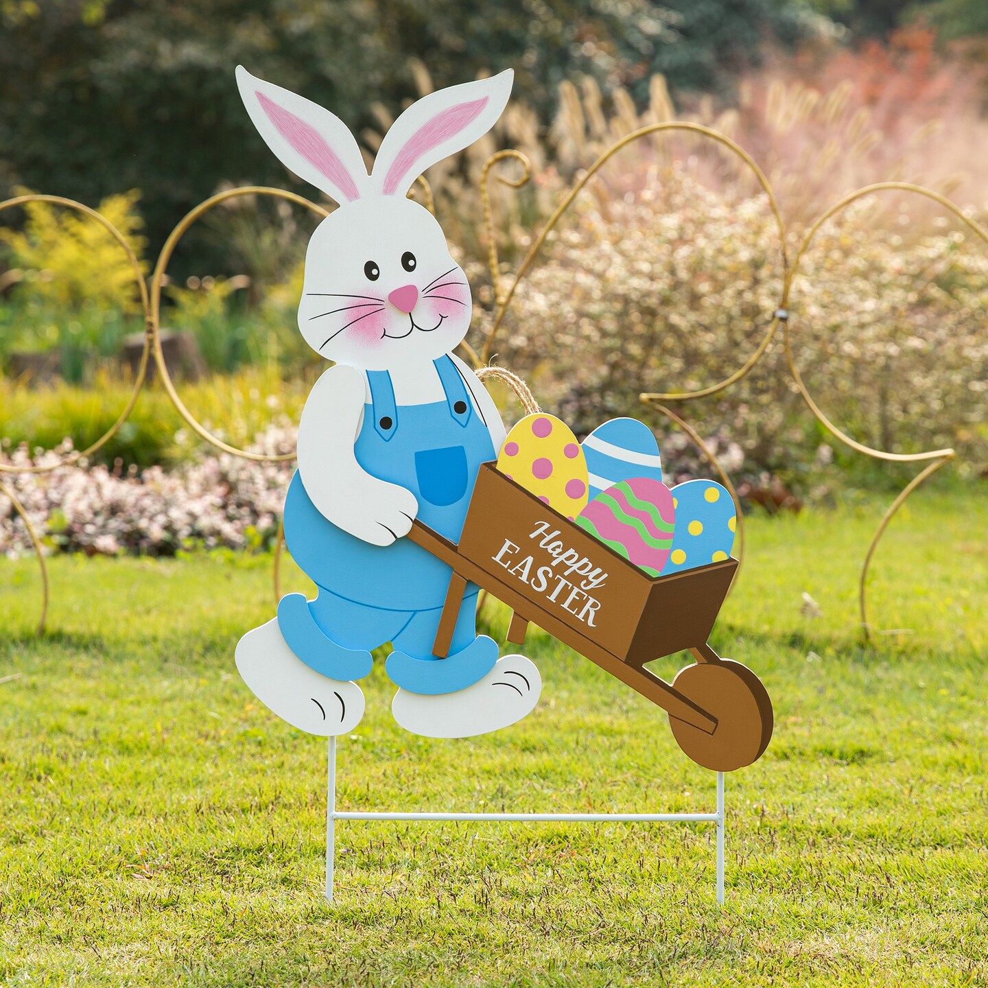 30.5&#x27;&#x27;H Wooden Easter Bunny Cart Yard Stake or Wall Decor