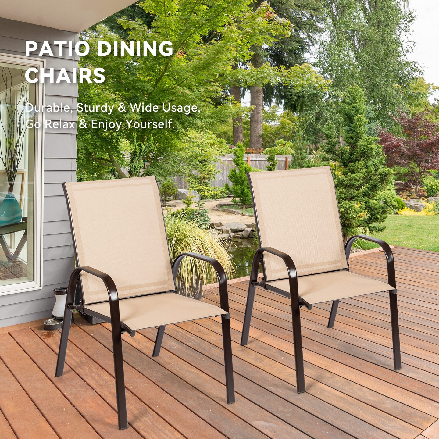 2 Pieces Patio Outdoor Dining Chairs with Powder Coated Steel Frame