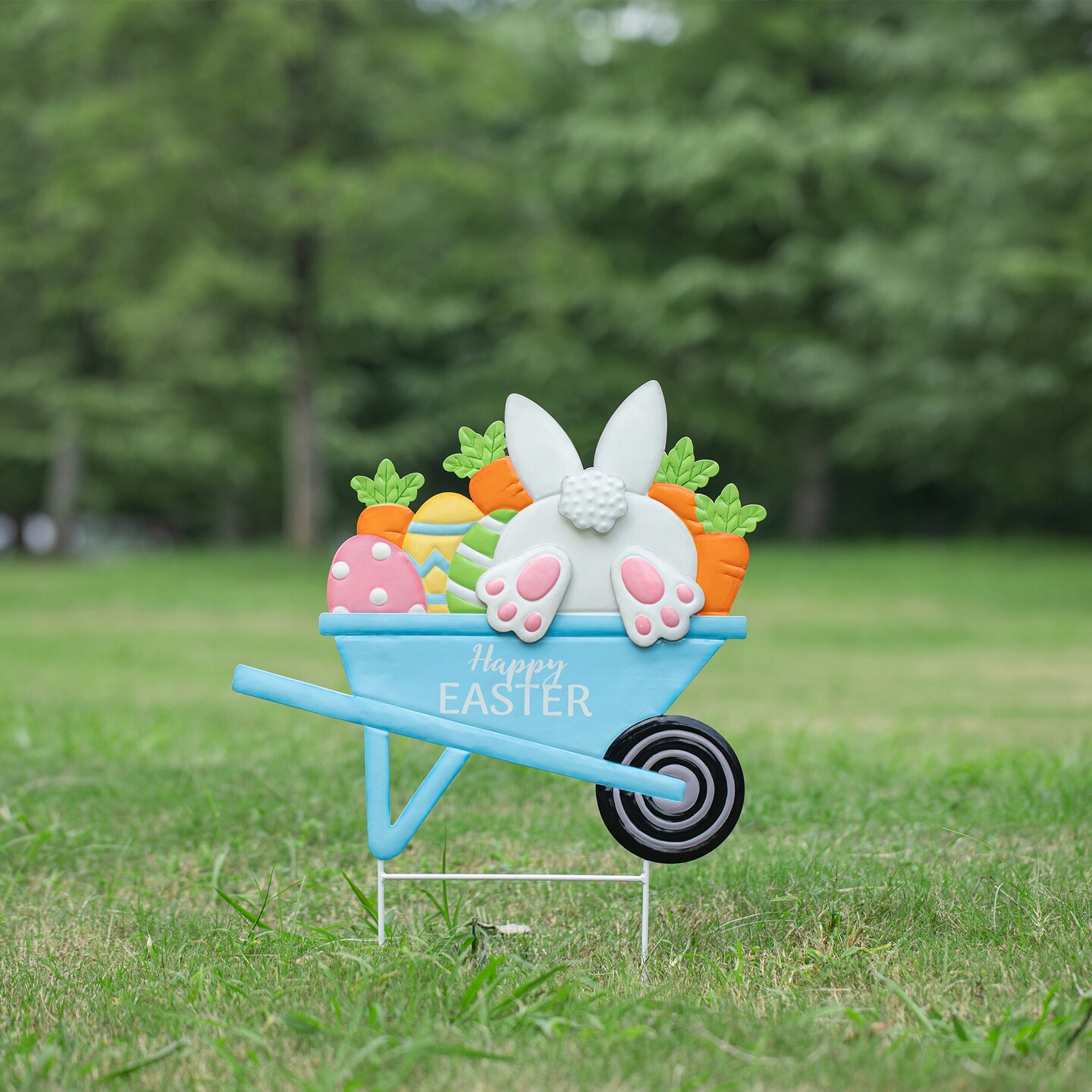 24&#x22;H Easter Metal Wheel Barrow Yard Stake(KD, Two Functions)