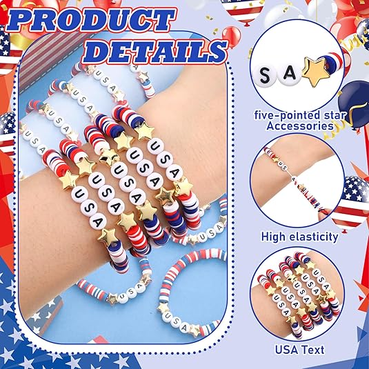 USA Bracelets Bulk 4th of July Accessories Red White and Blue Polymer Clay Beaded Stretch Bracelets for Women USA Jewelry Independence Day 4th of July Patriotic Party Favors Gifts