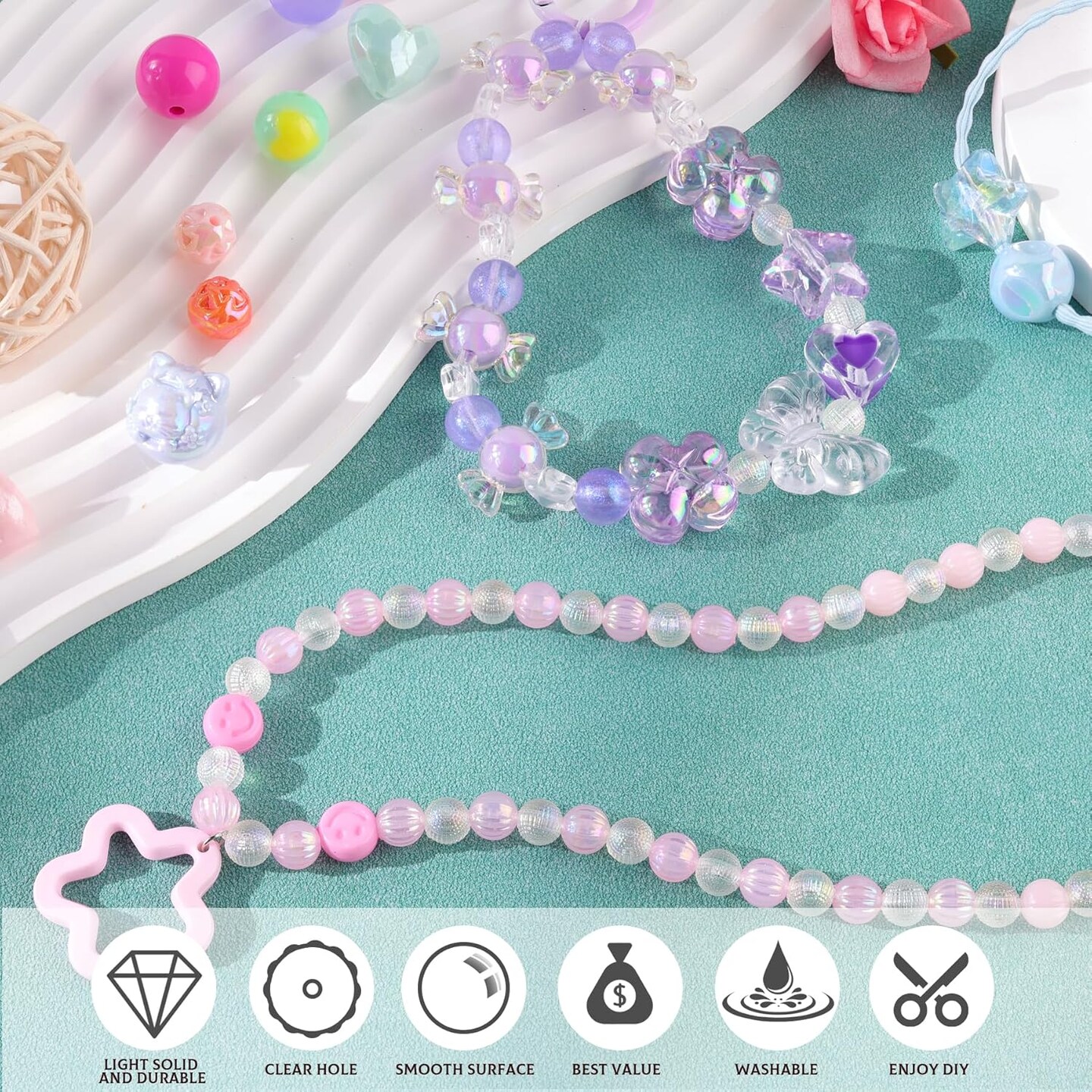 180-240PCS Assorted Acrylic Beads For Bracelet Making, Flower Bow Butterfly Candy Star Heart GummyBear Kawaii Aesthetic Bracelet Charms,Cute Beads