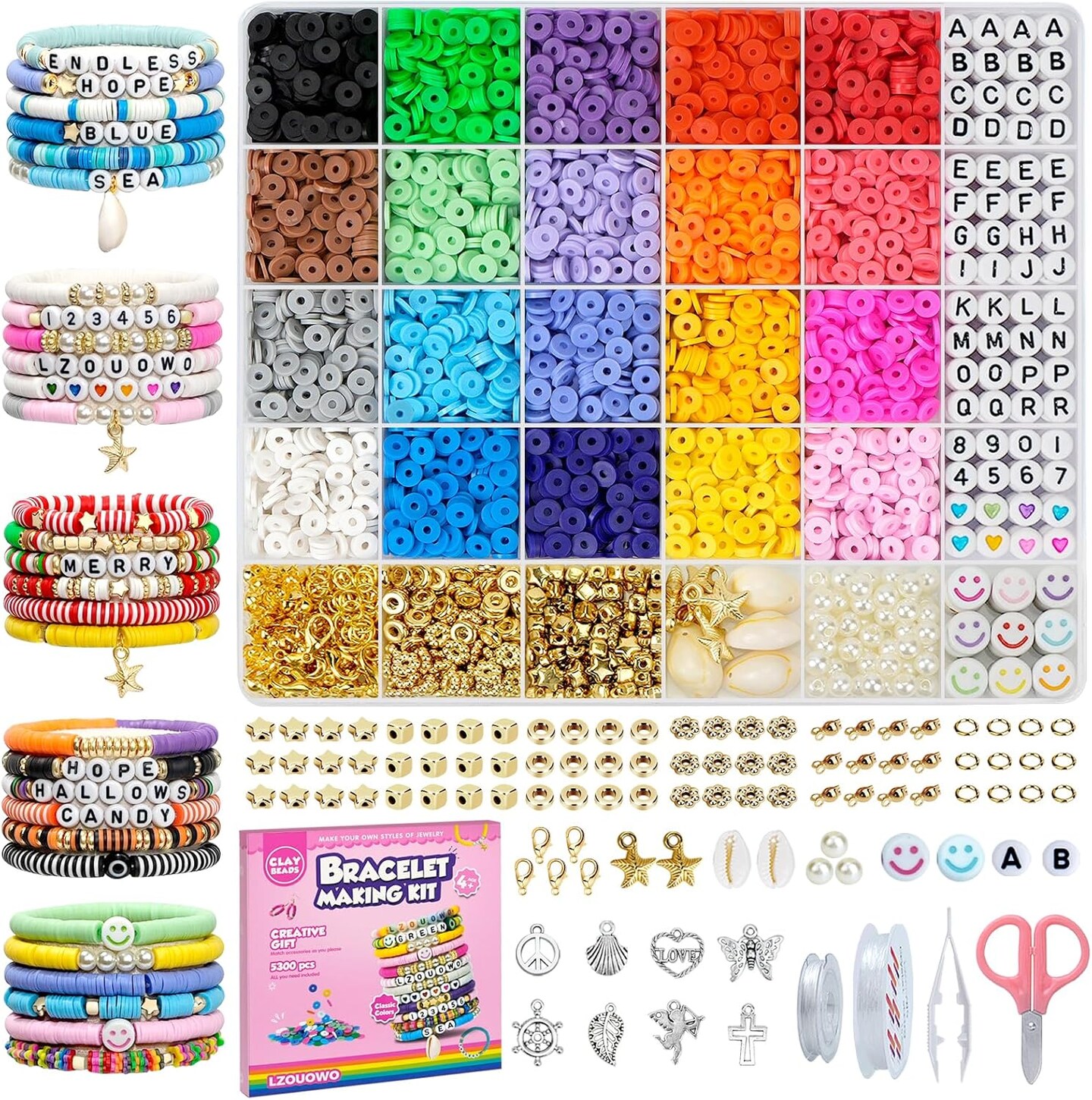 5300 Clay Beads Bracelet Making Aesthetic Kit, Polymer Heishi Preppy Letter Beads for Friendship Bracelet, Pearl Disc Beads Charms for Jewelry Making, DIY Creative Gift for Girls 8-12 Teens