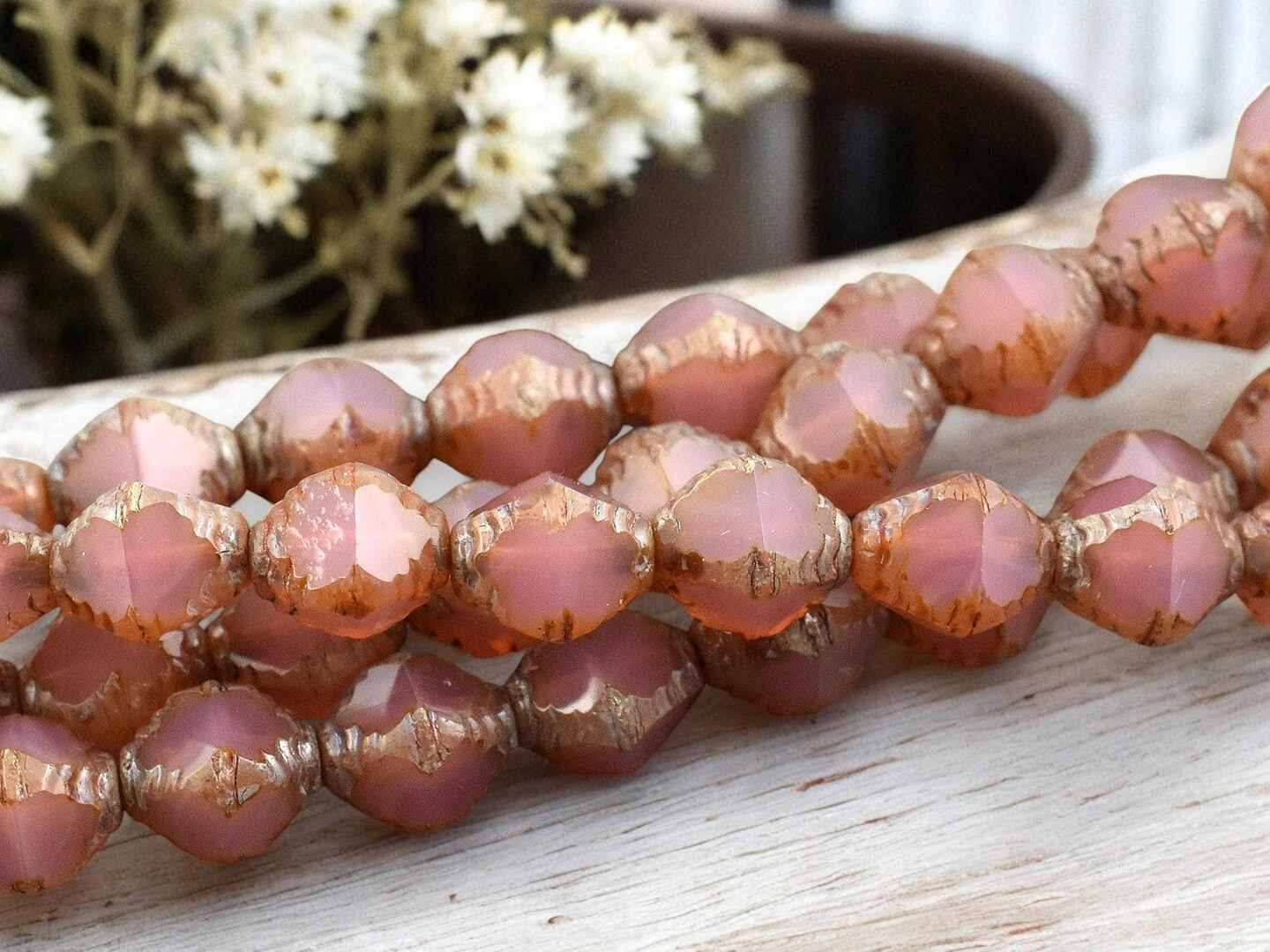 *15* 8x10mm Pink Opaline Picasso Faceted Bicone Beads