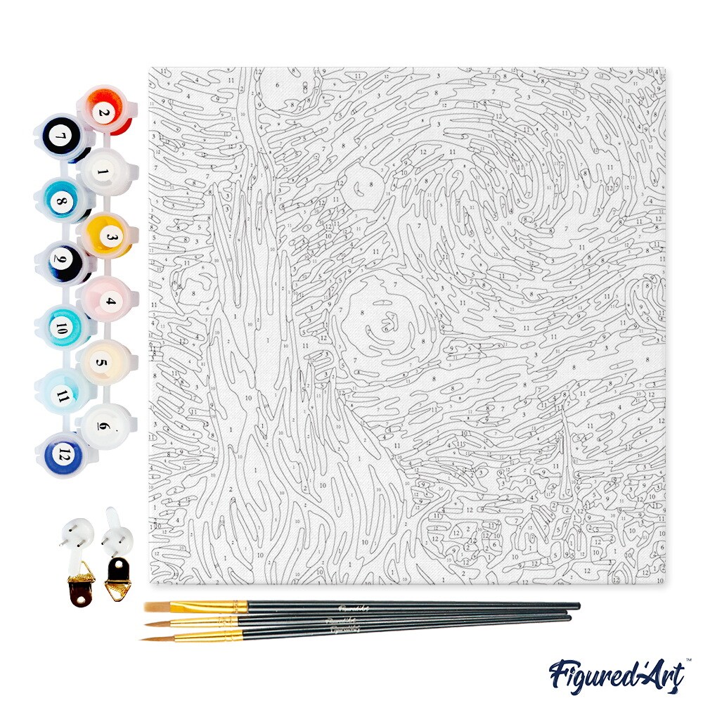 Figured'Art Mini Paint by Numbers Kit for Adults with Frame Van Gogh Starry Night Small format 8"x8" - Craft Art Painting DIY Canvas Already Stretched on a Wooden Frame