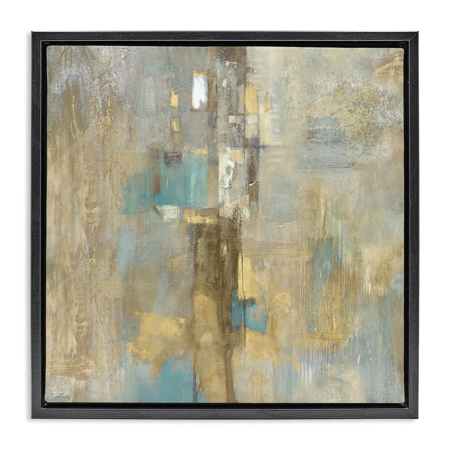 Stupell Industries Gold Abstract with Blue Floater Framed Canvas Wall Art Design by Justin Turner