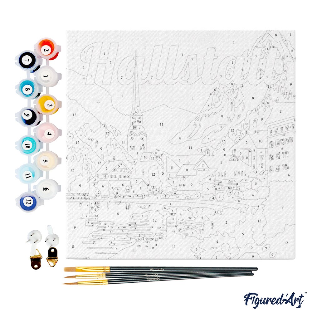 Figured&#x27;Art Mini Paint by Numbers Kit for Adults with Frame Travel Poster Hallstatt Small format 8&#x22;x8&#x22; - Craft Art Painting DIY Canvas Already Stretched on a Wooden Frame