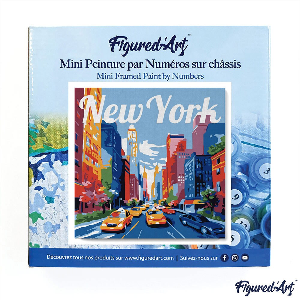 Figured&#x27;Art Mini Paint by Numbers Kit for Adults with Frame Travel Poster New York City Small format 8&#x22;x8&#x22; - Craft Art Painting DIY Canvas Already Stretched on a Wooden Frame