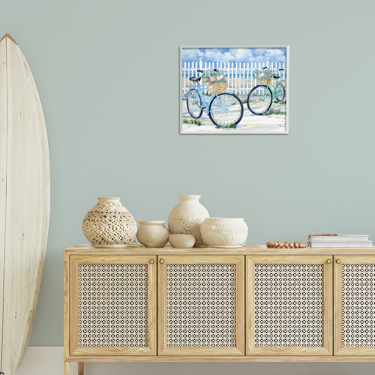 Stupell Industries Bicycles at Beach Fence Framed Giclee Wall Art Design by Paul Brent