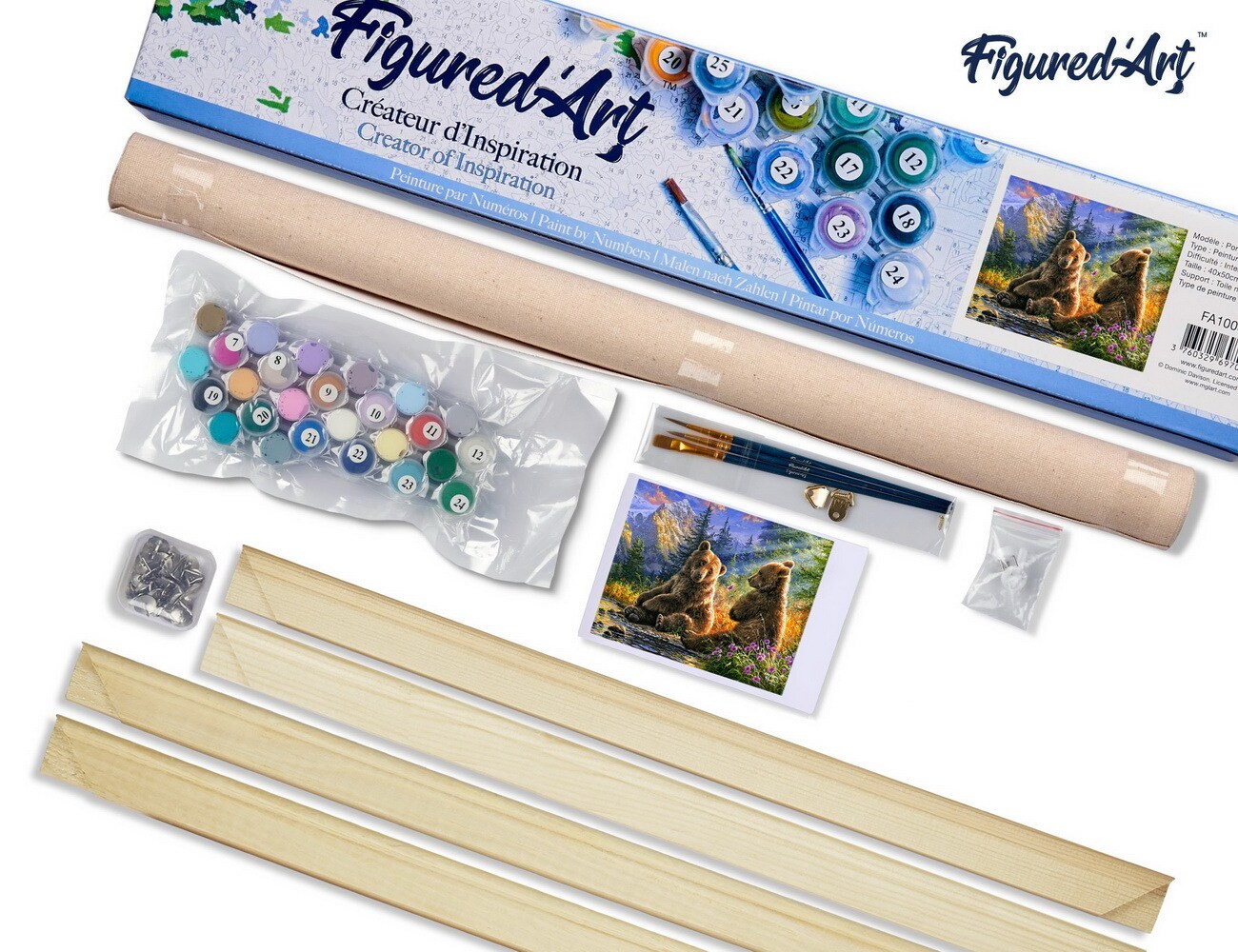 Figured'Art Paint by Numbers Kit for Adults Sitting Bears 16"x20" - Craft Art Painting Rolled Canvas with DIY wooden frame