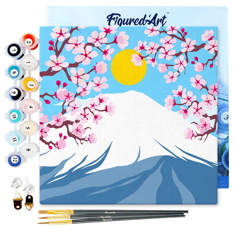 Figured'Art Mini Paint by Numbers Kit for Adults with Frame Cherry blossom and Mount Fuji Small format 8"x8" - Craft Art Painting DIY Canvas Already Stretched on a Wooden Frame