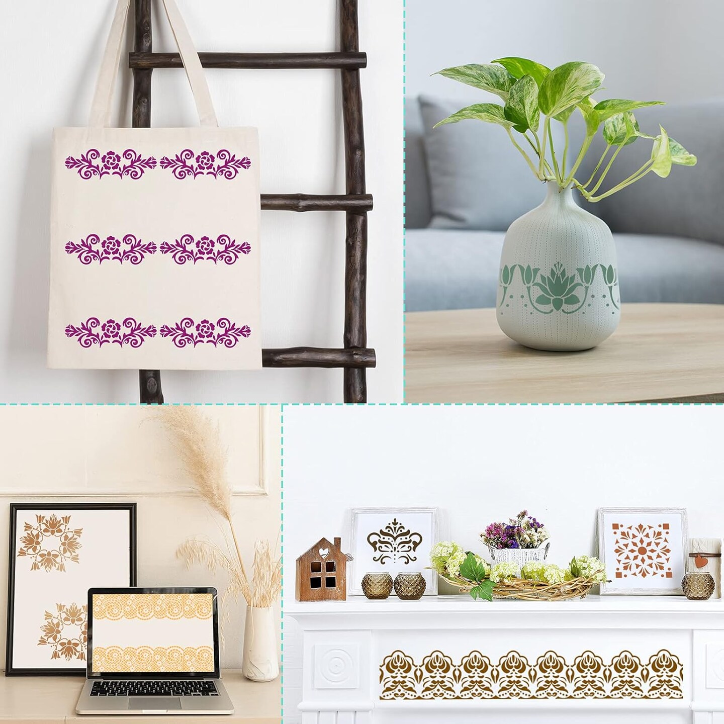 8PCS Talavera Floral Border Stencils Set – Reusable 3×12 Inch Decorative Painting Templates for Wall Edges, Furniture, Canvas, Fabric, Cake & DIY Craft Design