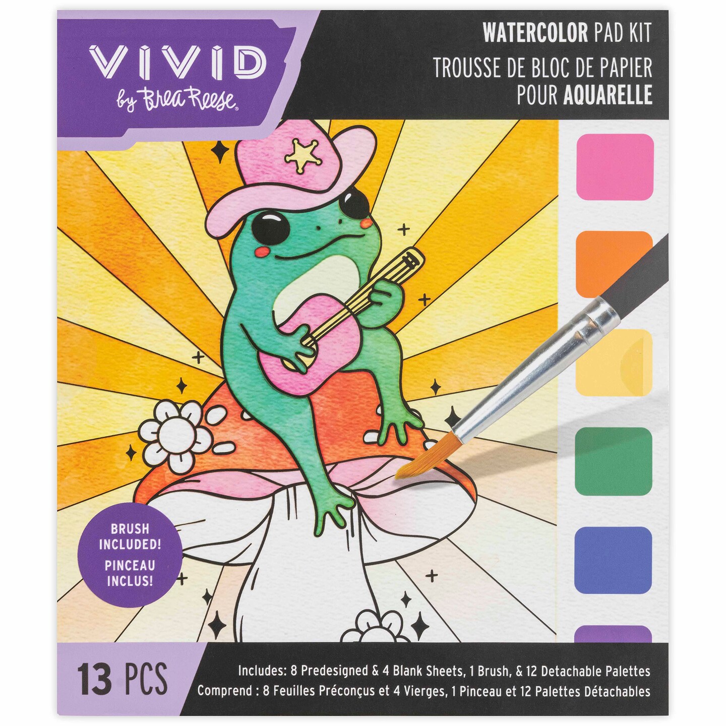 Vivid by Brea Reese: Watercolor Pad Kit - Western - 8 Frog & Cowgirl Designs & 4 Blank Sheets, 12 Detachable Paint Palettes, Brush, DIY Art Activity
