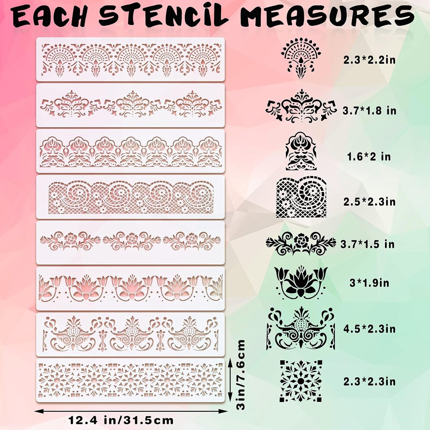 8PCS Talavera Floral Border Stencils Set – Reusable 3×12 Inch Decorative Painting Templates for Wall Edges, Furniture, Canvas, Fabric, Cake & DIY Craft Design