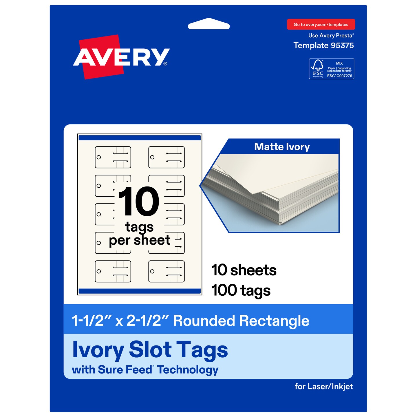 Avery Printable Rounded Rectangle Slot Tags, Sure Feed Technology, 1-1/2" x 2-1/2", Matte Ivory Cardstock, Print-to-The-Edge, Laser/Inkjet Printable, 100 Total
