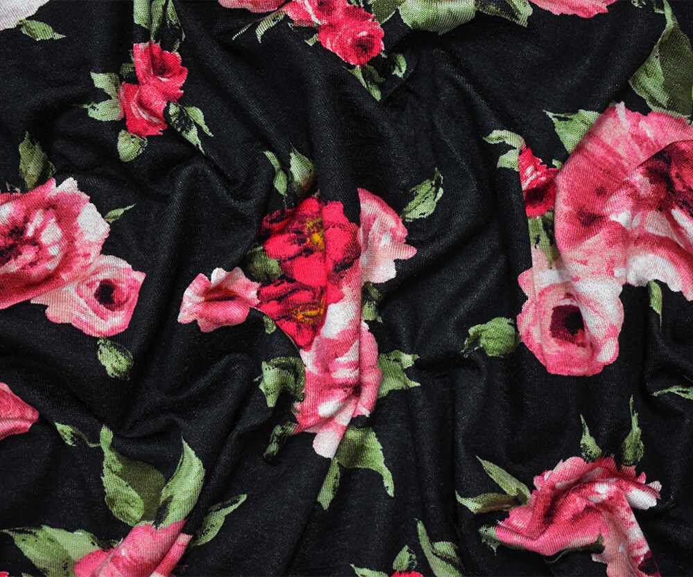 Black-Pink-Multi Cotton Floral Printed Stretch Spandex Jersey Knit Fabric By the Yard