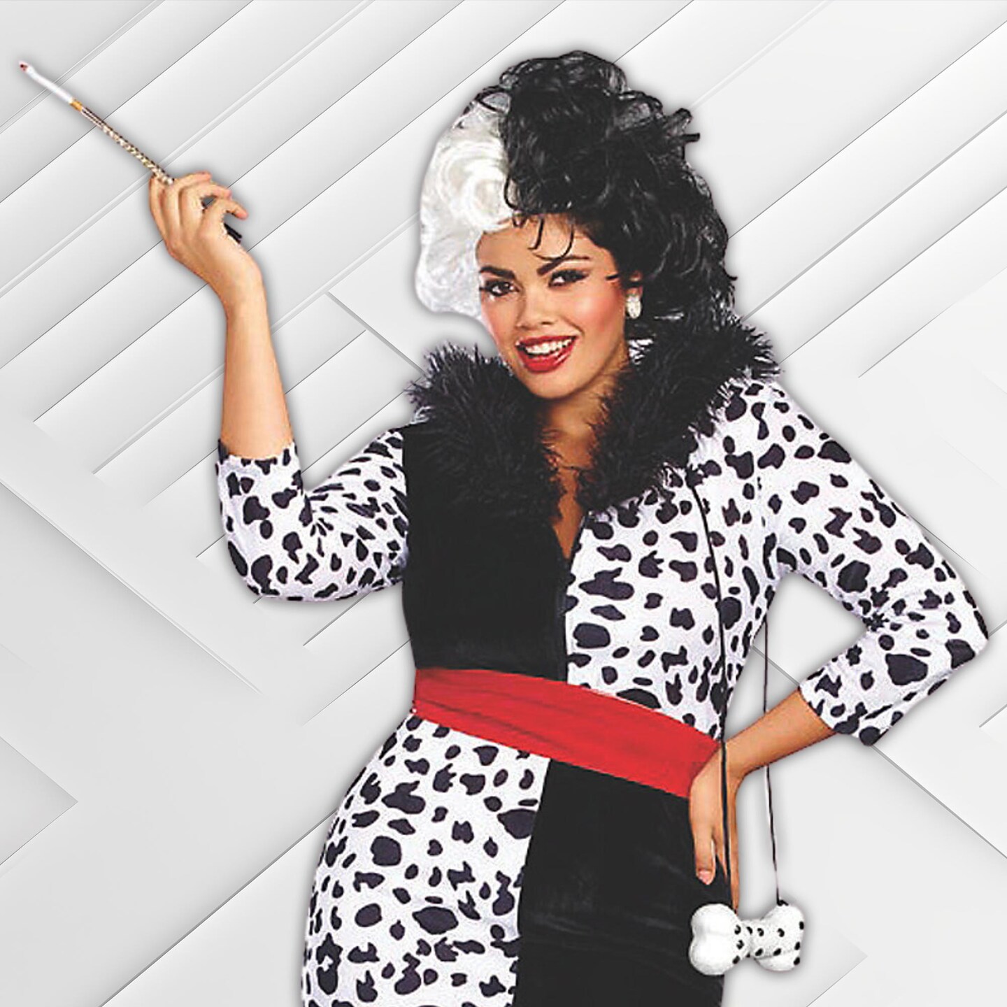 Womens Dalmatian Print Front Zip Dress Faux Fur Collar Costume