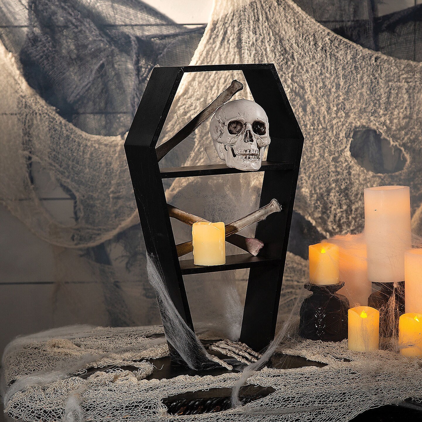 Coffin Shaped 2 Shelf Wooden Halloween Decoration for Spooky Home Display 18 Inches