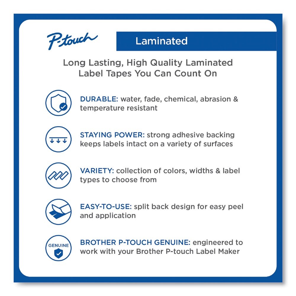Brother P-Touch 0.23 in. x 26.2 ft. TZe Standard Adhesive Laminated Labeling Tape - Black on White