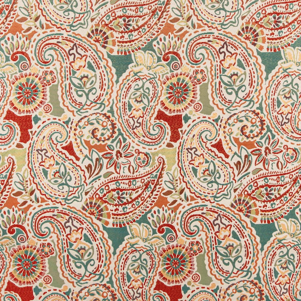 Capri - Aqua & Teal,Orange & Rust Paisley Upholstery Fabric 54 Inches"