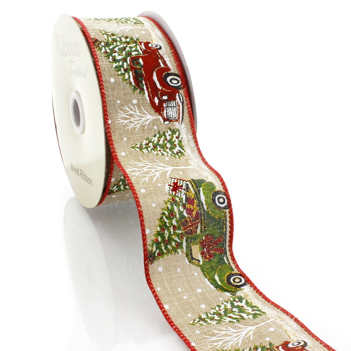 2 1/2" Wired Ribbon Christmas Red/Green Trucks on Burlap - 10 Yards