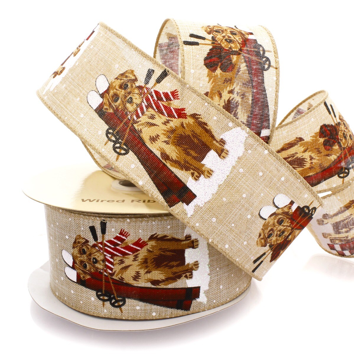 2 1/2&#x22; Wired Ribbon Winter Ski Dog - 25 Yards
