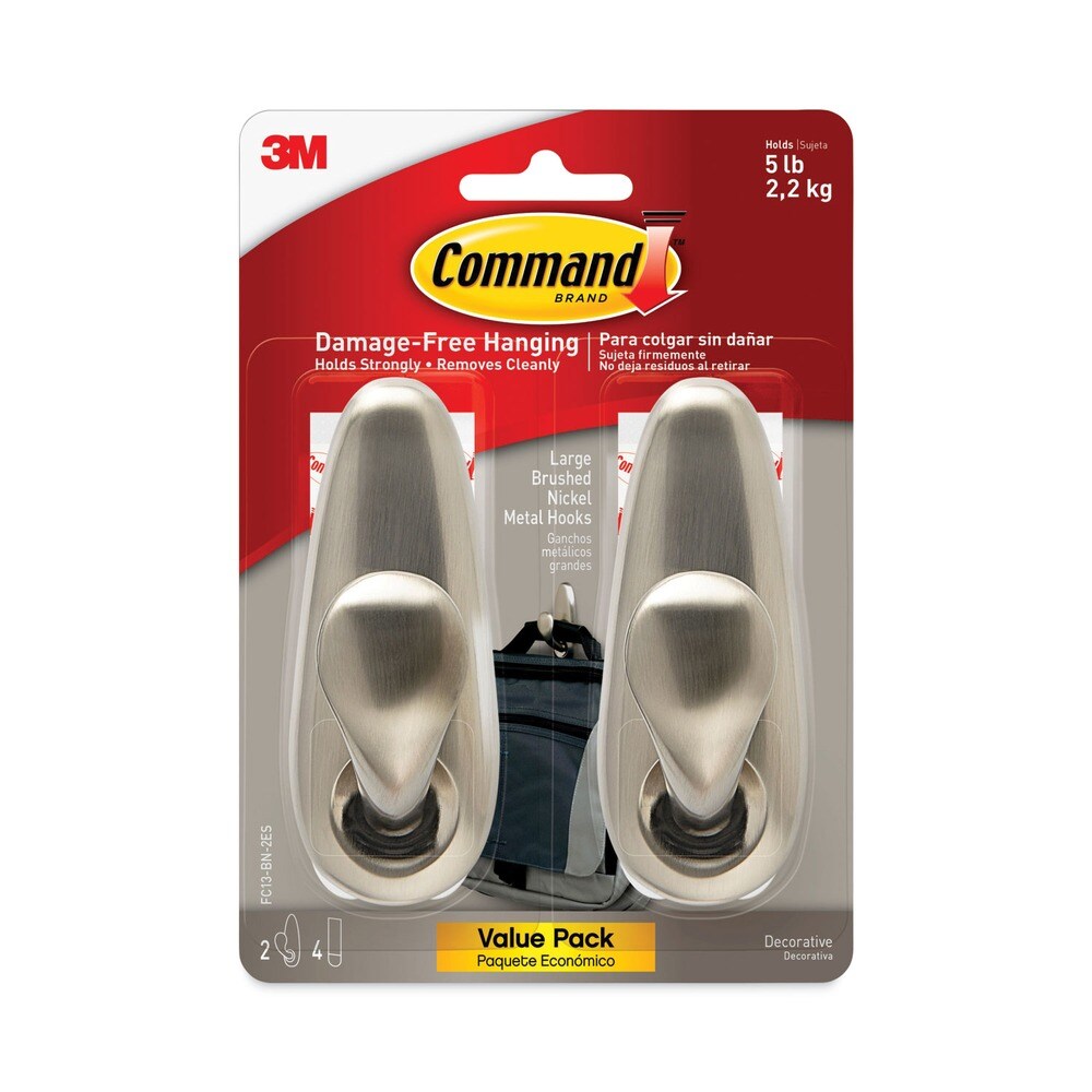 Command 5 lbs. Capacity Adhesive Mount Metal Hook - Large Brushed Nickel Finish (2/Pack)