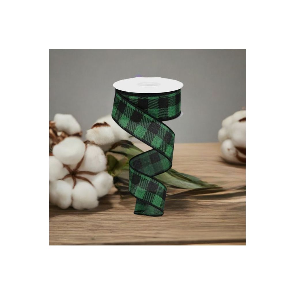 1.5&#x22; Printed Plaid Check Ribbon: Emerald Green (10 Yards)