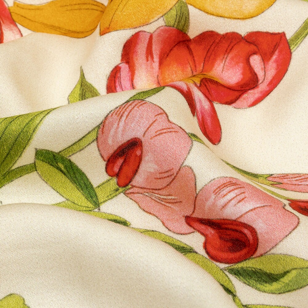 1 Yard Orange Pink Floral Rayon Challis Golden Garden Print Fabric 55 inch Width